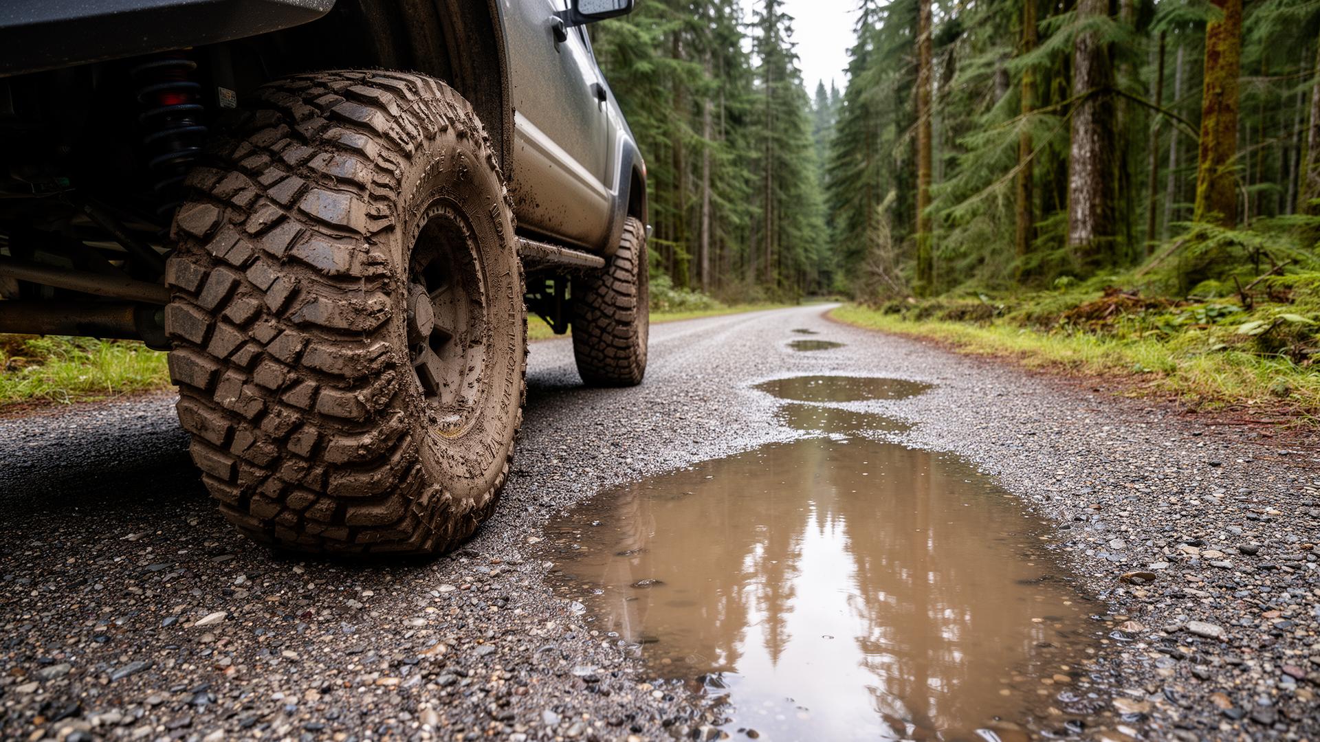 A muddy all-terrain tire on a wet FSR — the right rubber matters