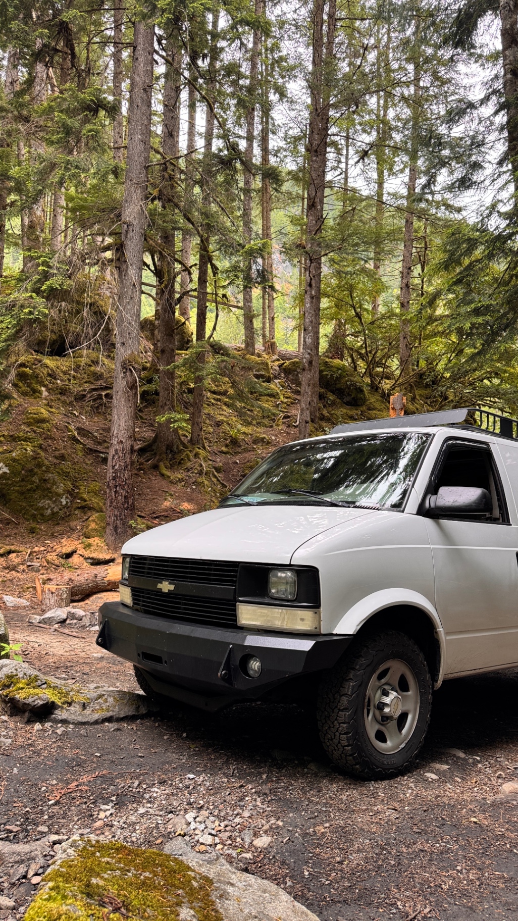 The Astro parked among tall cedars at the campsite
