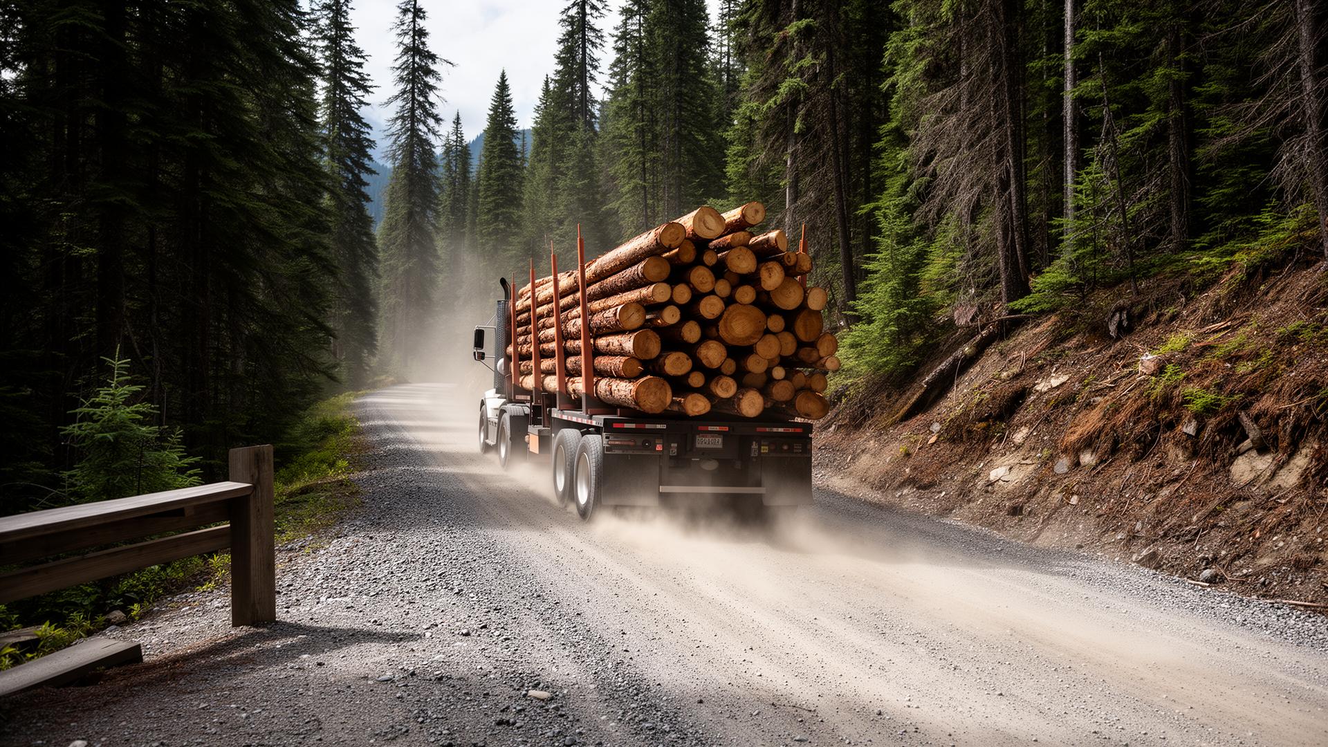 A loaded logging truck descending a gravel FSR — always has the right of way