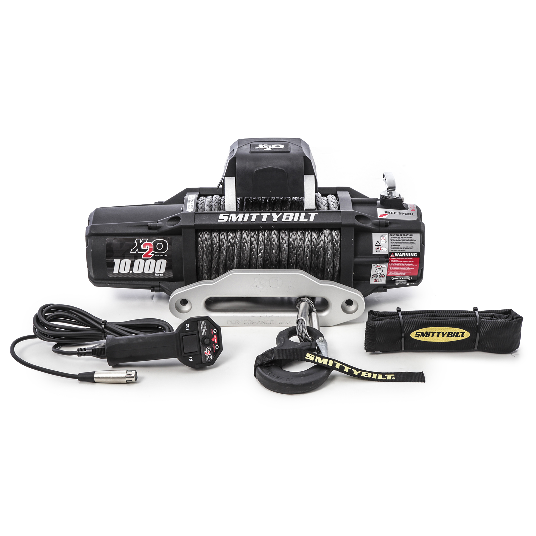 Smittybilt X2O Gen 2 10,000 lb winch with synthetic rope, hawse fairlead, and wired remote