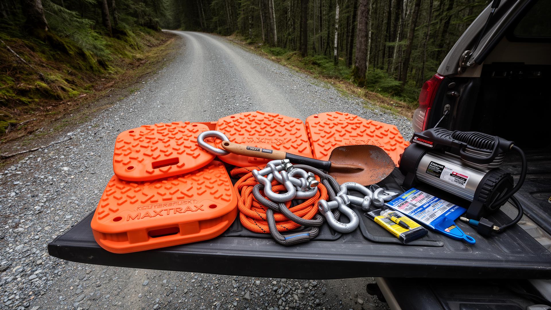 A basic FSR recovery kit laid out on the tailgate