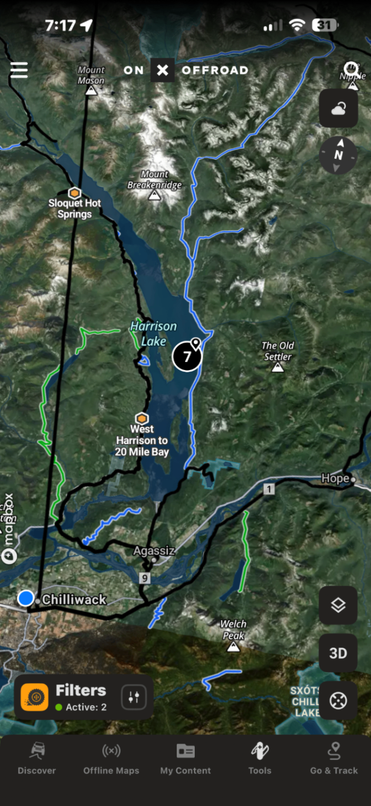 Harrison FSR route map showing the run from Chilliwack up the west side of Harrison Lake