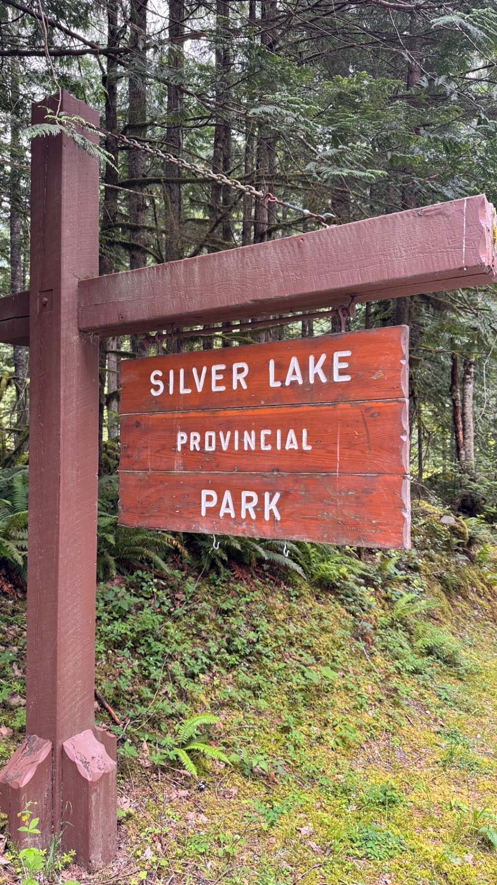 Silver Lake Provincial Park sign on a hand-built timber post in the forest